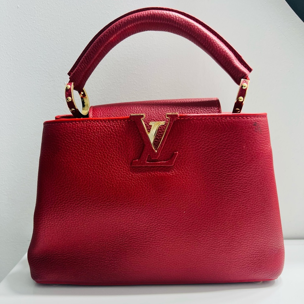 Chic Red Structured Tote Bag with LV Gold Hardware